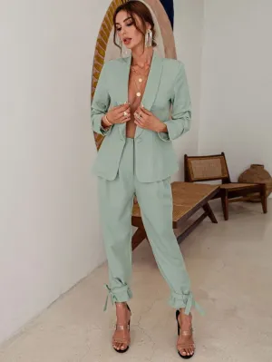 Green High Waisted Ankle Tie Pants & Blazer Set