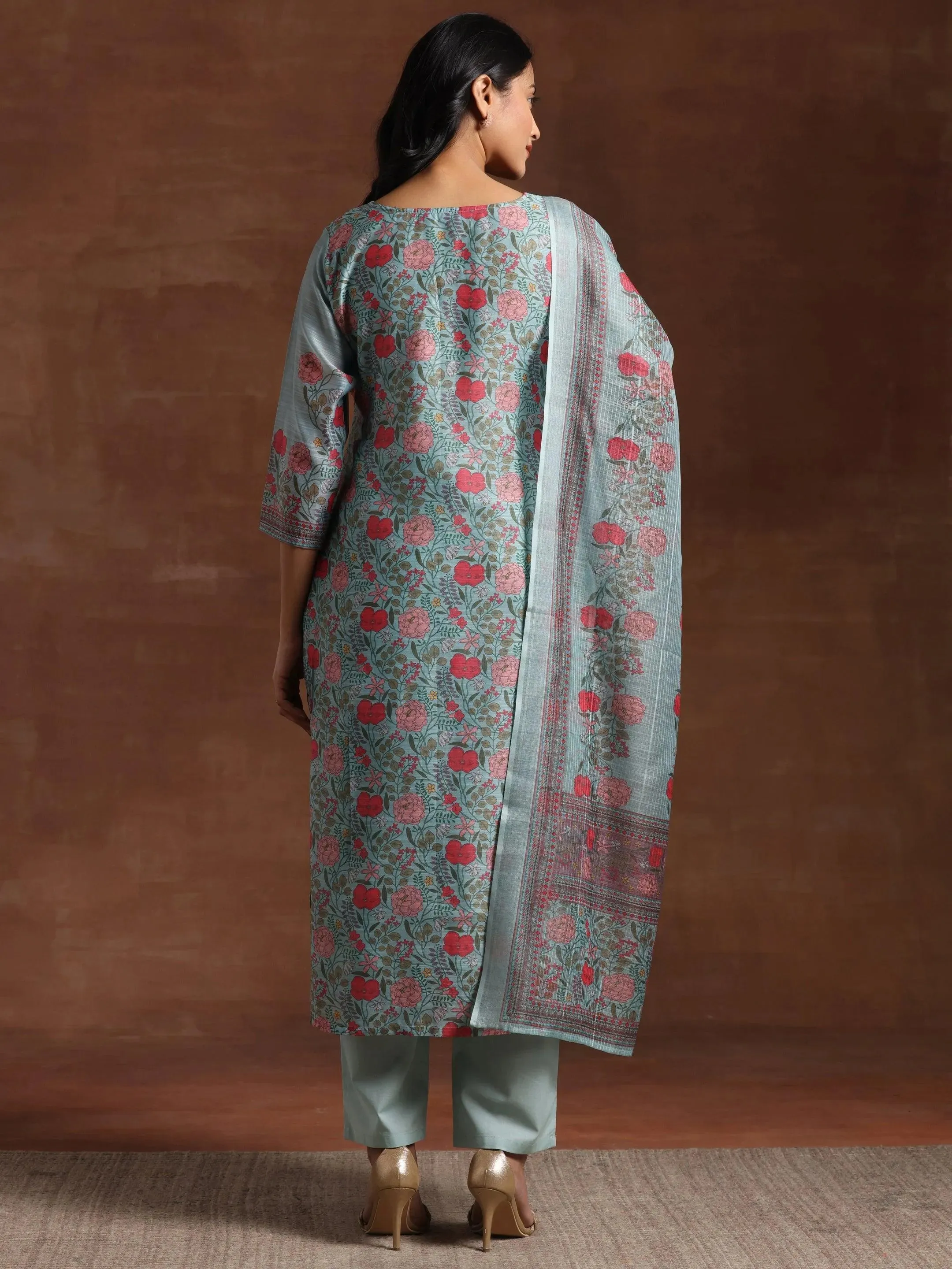 Green Printed Chanderi Silk Straight Suit With Dupatta