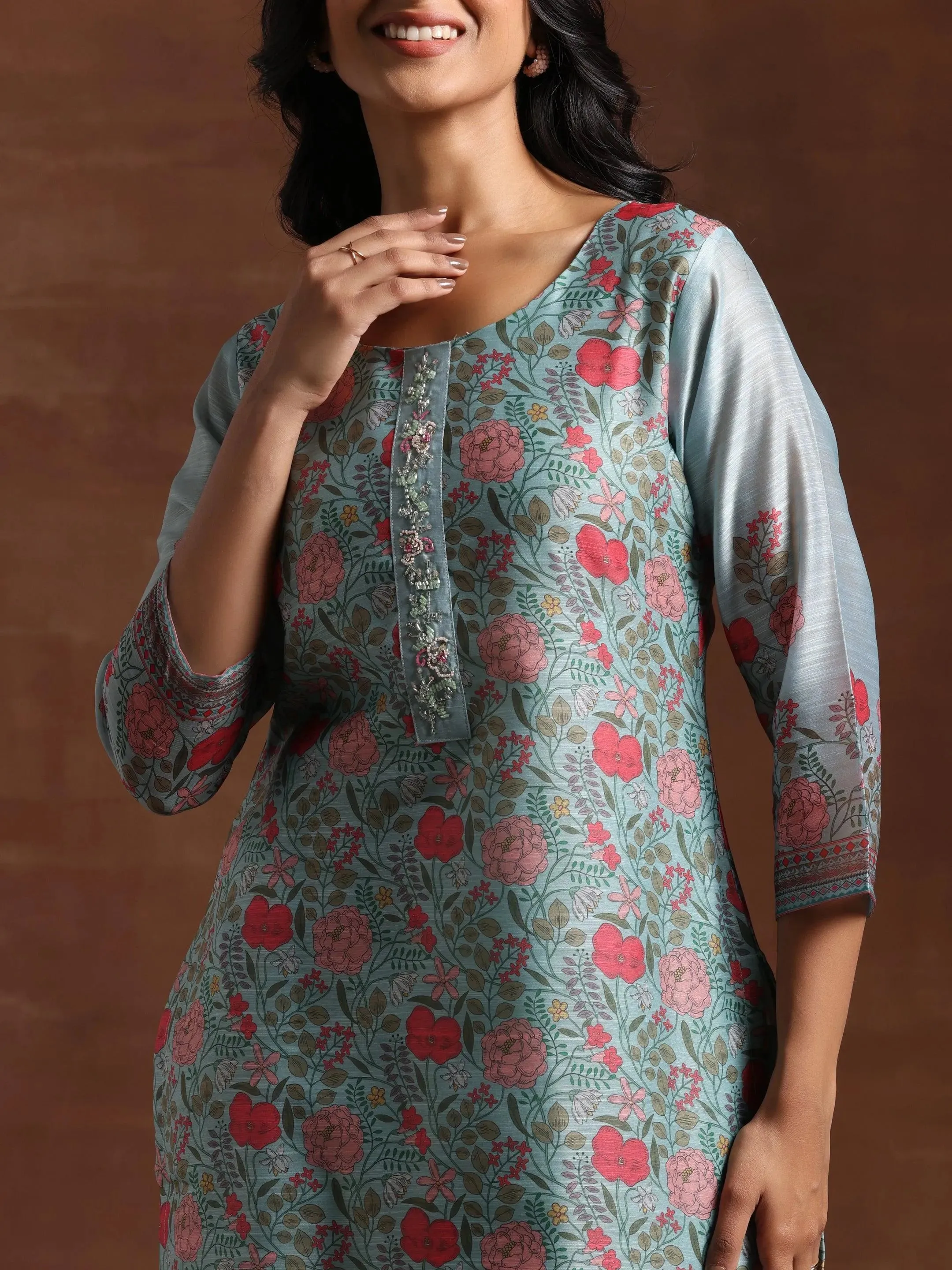Green Printed Chanderi Silk Straight Suit With Dupatta