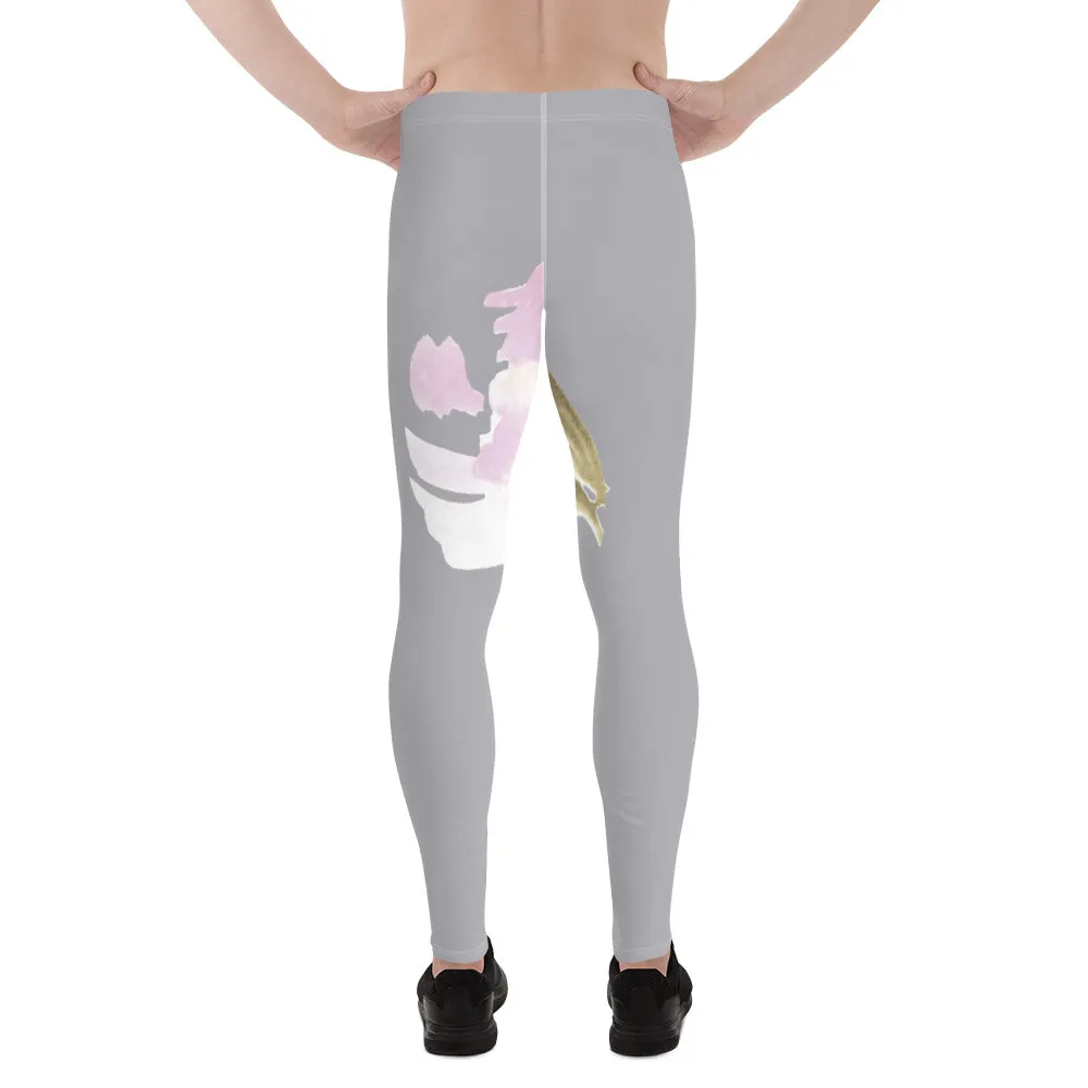 Grey Floral Print Men's Leggings, Flower Printed Designer Meggings Compression Tights-Made in USA/EU/MX