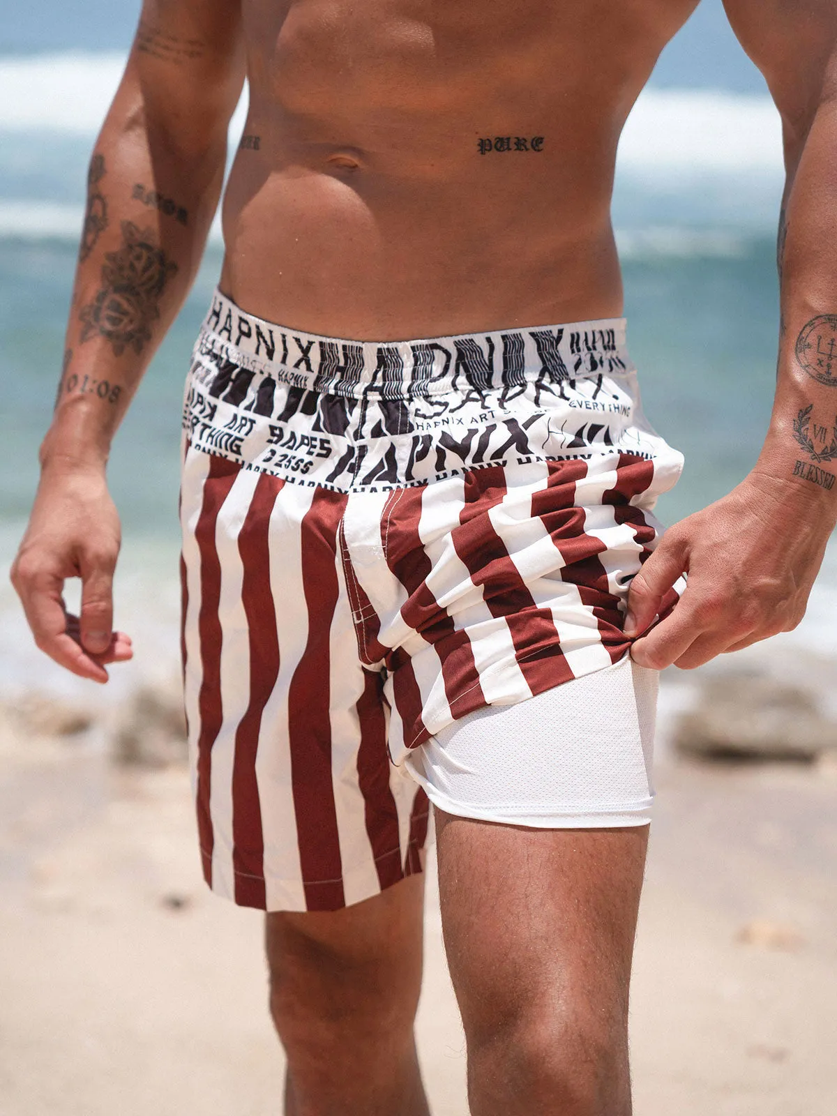 Hapnix® - The Coffee Stripe Men's 7" Swim Trunks