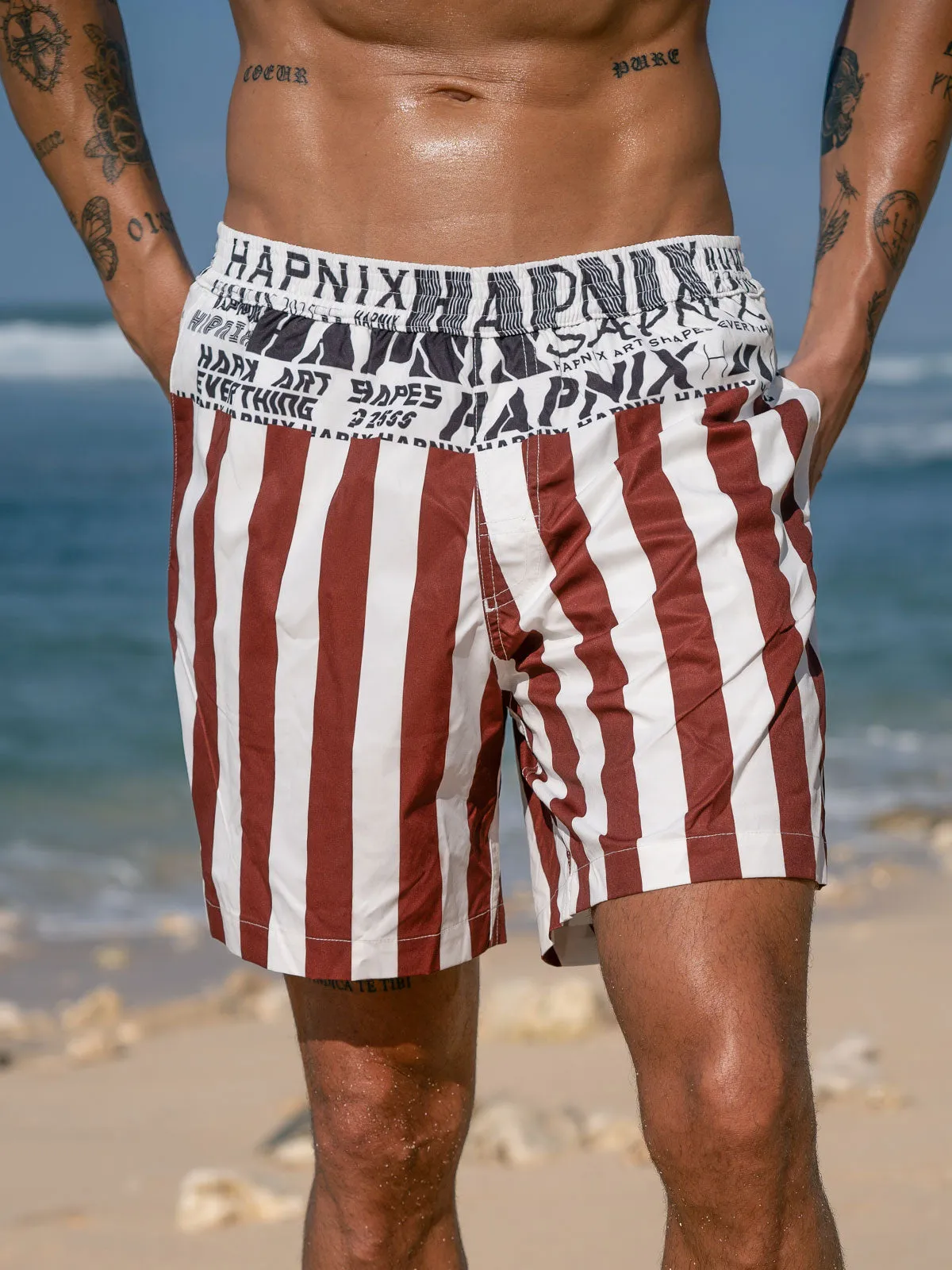 Hapnix® - The Coffee Stripe Men's 7" Swim Trunks