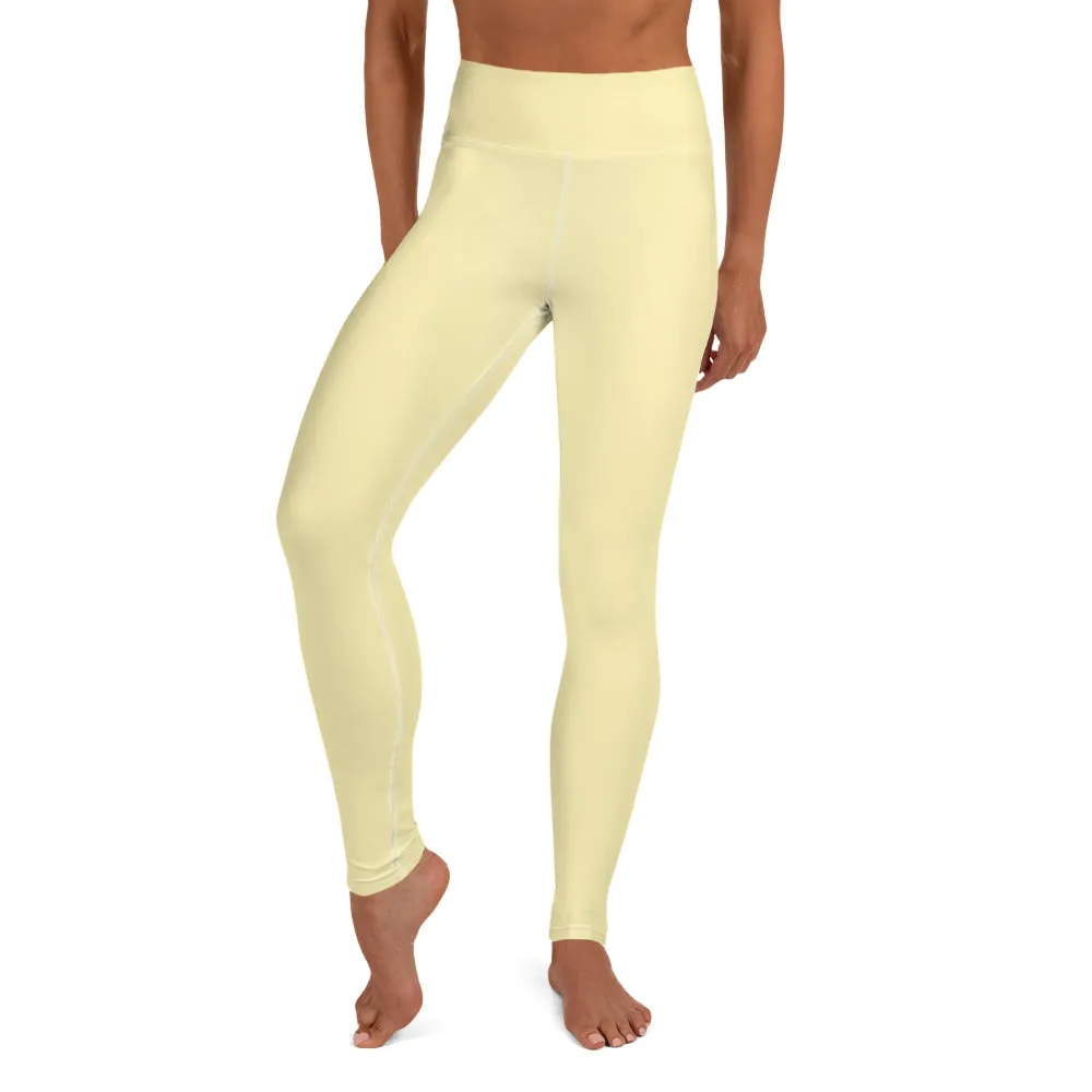 Light Yellow Yoga Leggings, Cream Pale Yellow Designer Luxury Long Yoga Pants-Made in USA/EU/MX