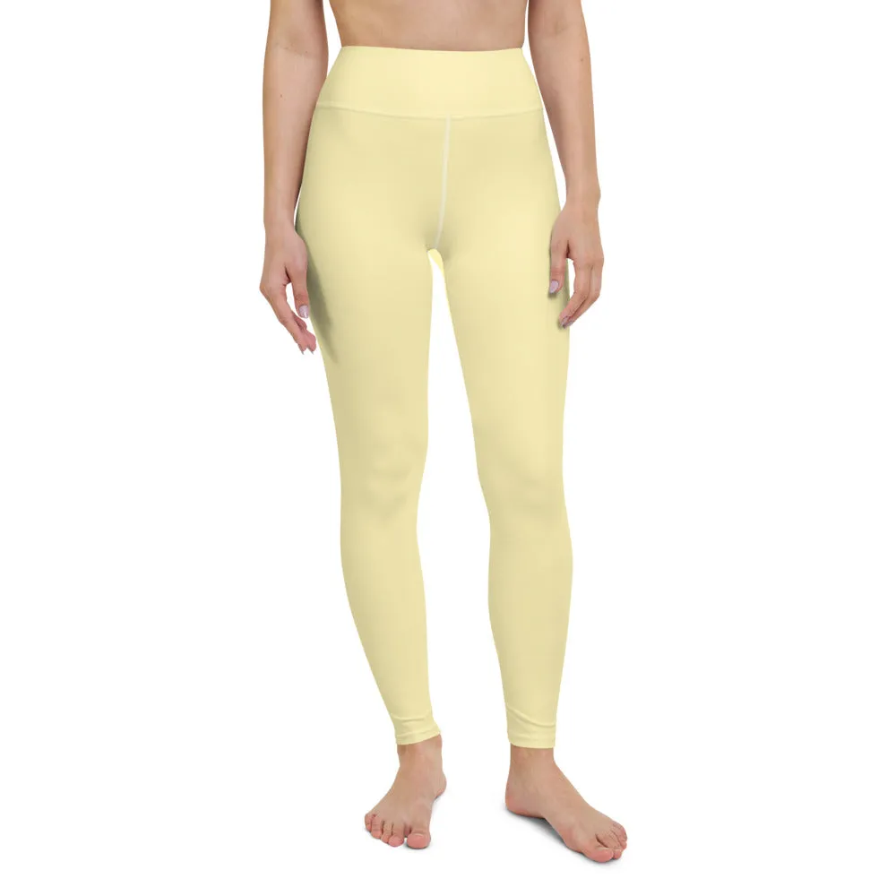 Light Yellow Yoga Leggings, Cream Pale Yellow Designer Luxury Long Yoga Pants-Made in USA/EU/MX