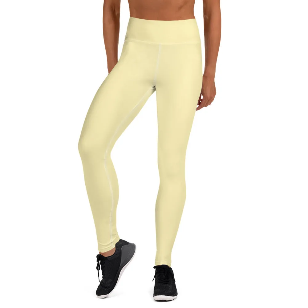 Light Yellow Yoga Leggings, Cream Pale Yellow Designer Luxury Long Yoga Pants-Made in USA/EU/MX