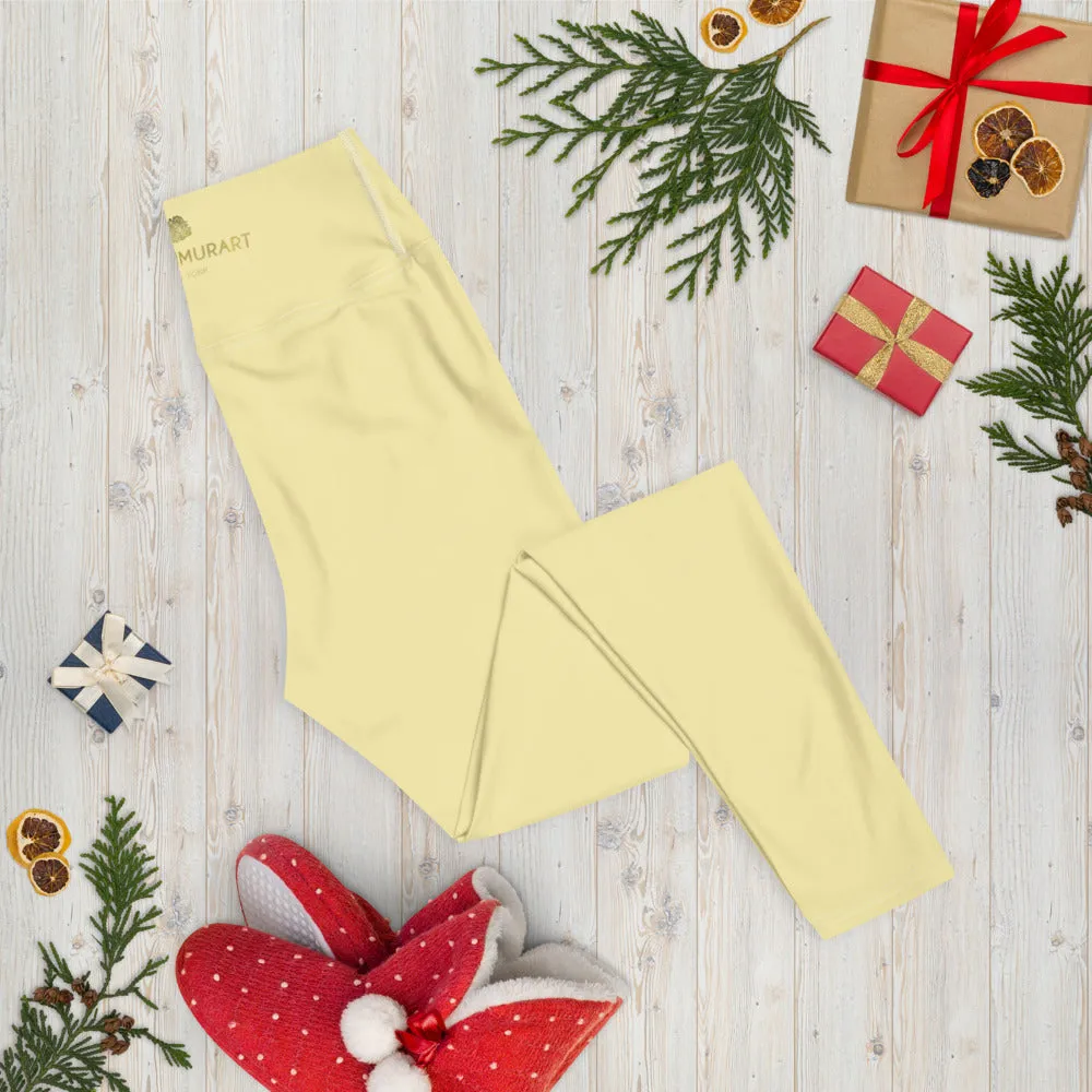 Light Yellow Yoga Leggings, Cream Pale Yellow Designer Luxury Long Yoga Pants-Made in USA/EU/MX