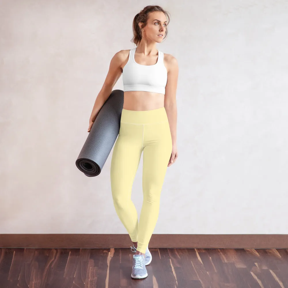 Light Yellow Yoga Leggings, Cream Pale Yellow Designer Luxury Long Yoga Pants-Made in USA/EU/MX