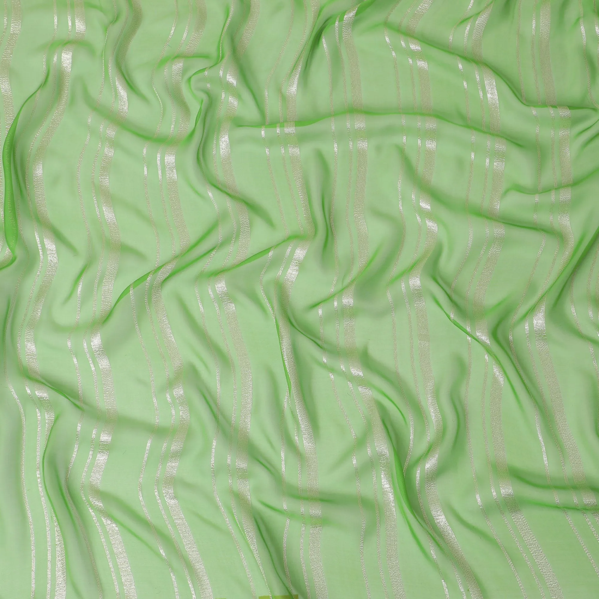 Lime green Premium pure silk chiffon garbasaar with same tone metallic lurex in stripe design-D17095