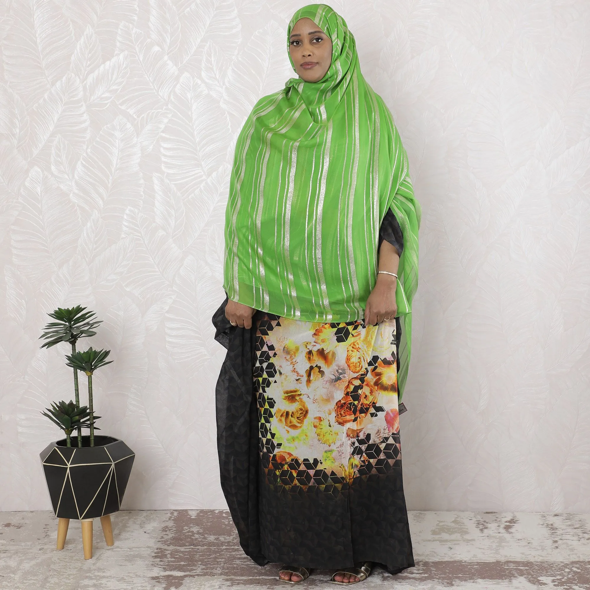 Lime green Premium pure silk chiffon garbasaar with same tone metallic lurex in stripe design-D17095