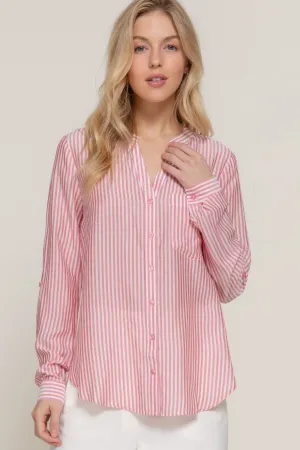 Long Slv Split Round Neck Stripe Woven Shirt