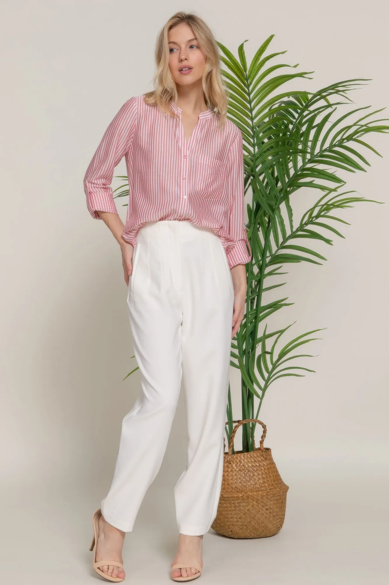 Long Slv Split Round Neck Stripe Woven Shirt