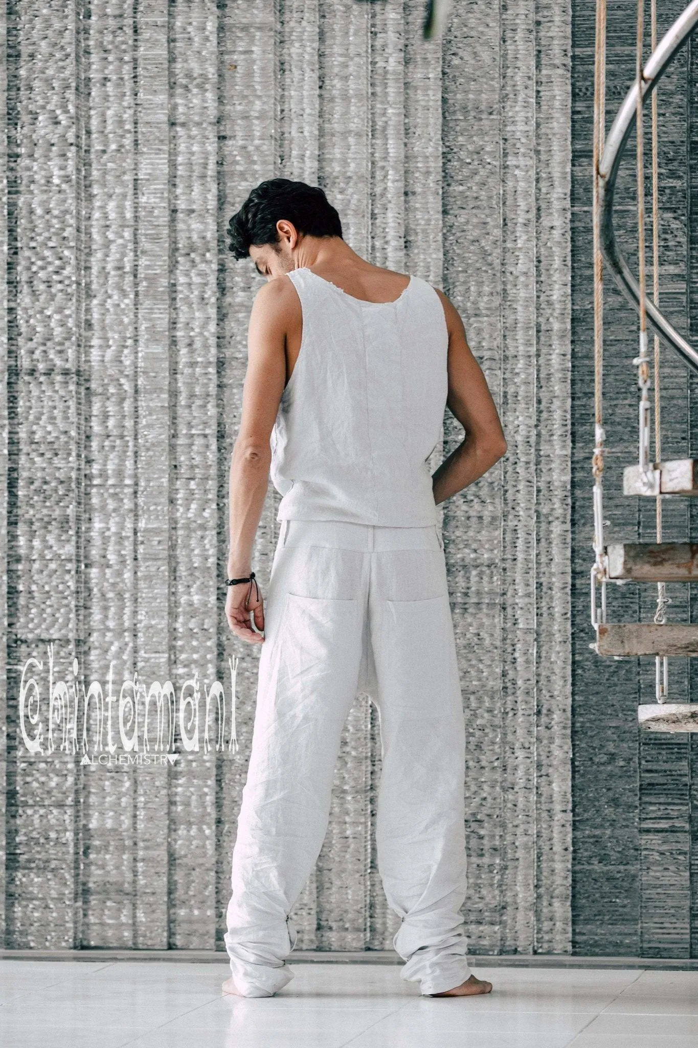 Mens Linen Wrap Pants / Loose Fitting Lounge Boho Trousers / Grey