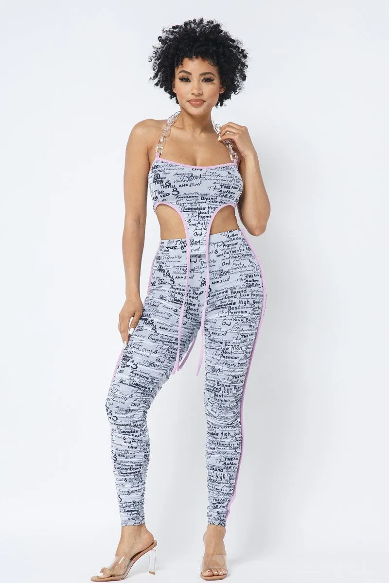 Mesh Print Crop Top With Plastic Chain Halter Neck With Matching Leggings