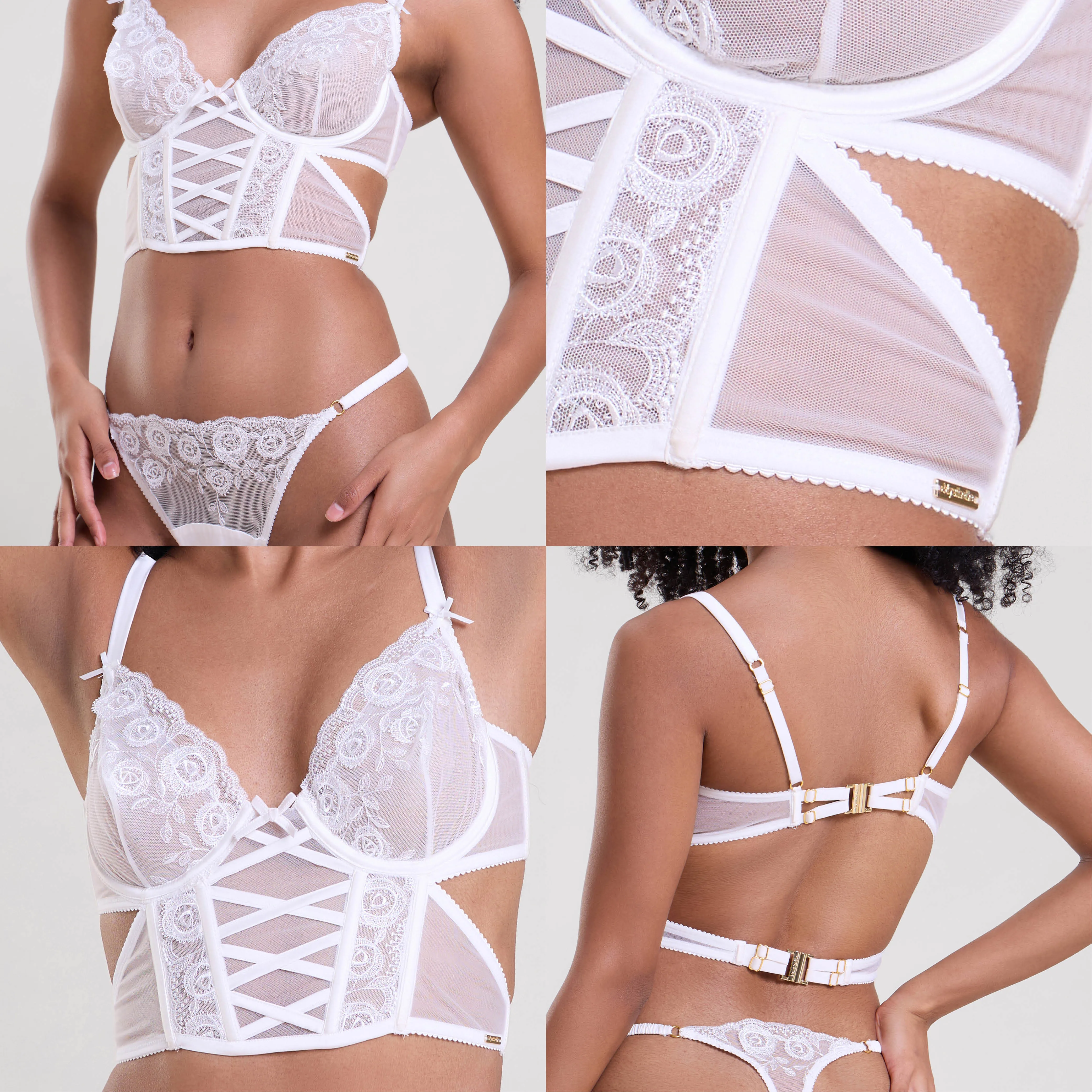 Mysthelle LILY WHITE EMBROIDERED LONGLINE BRA & THONG SET