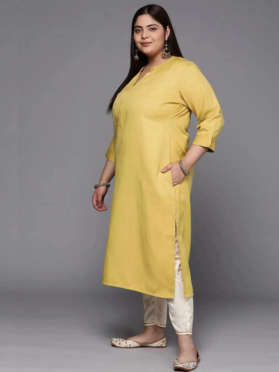 Plus Size Lime Green Woven Design Rayon Straight Kurta