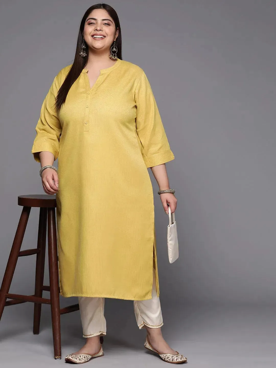 Plus Size Lime Green Woven Design Rayon Straight Kurta