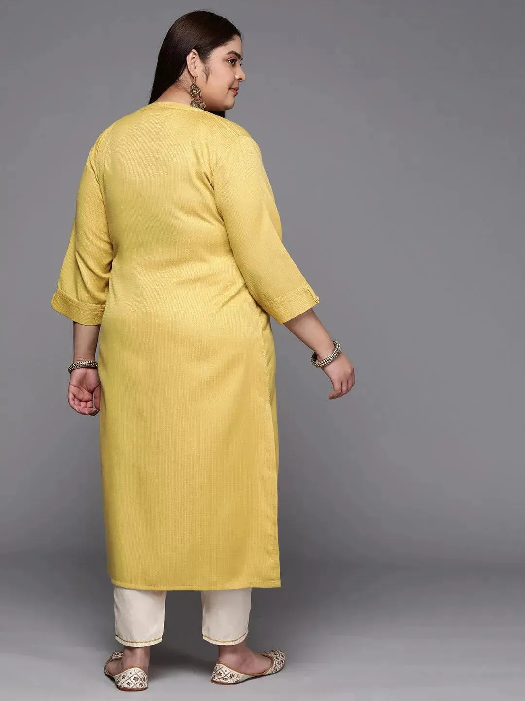 Plus Size Lime Green Woven Design Rayon Straight Kurta