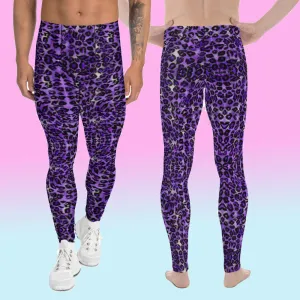 Purple Leopard Print Men's Leggings, Animal Print Meggings Running Tights-Made in USA/EU