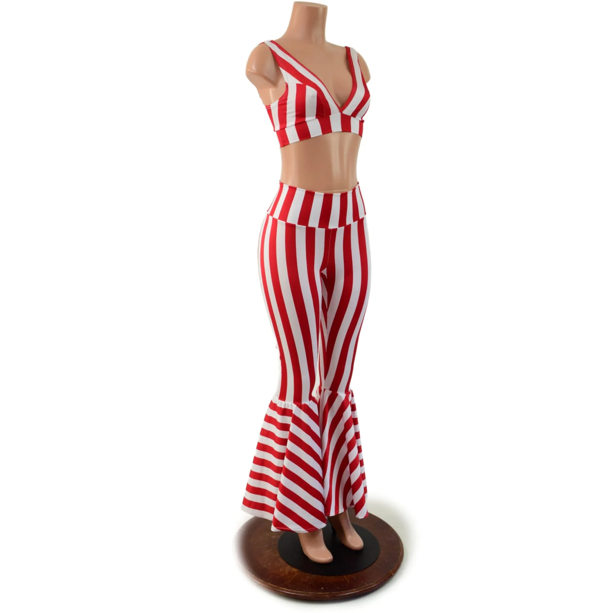 Red and White Striped High Waist Bell Bottom Flares and Starlette Bralette Set
