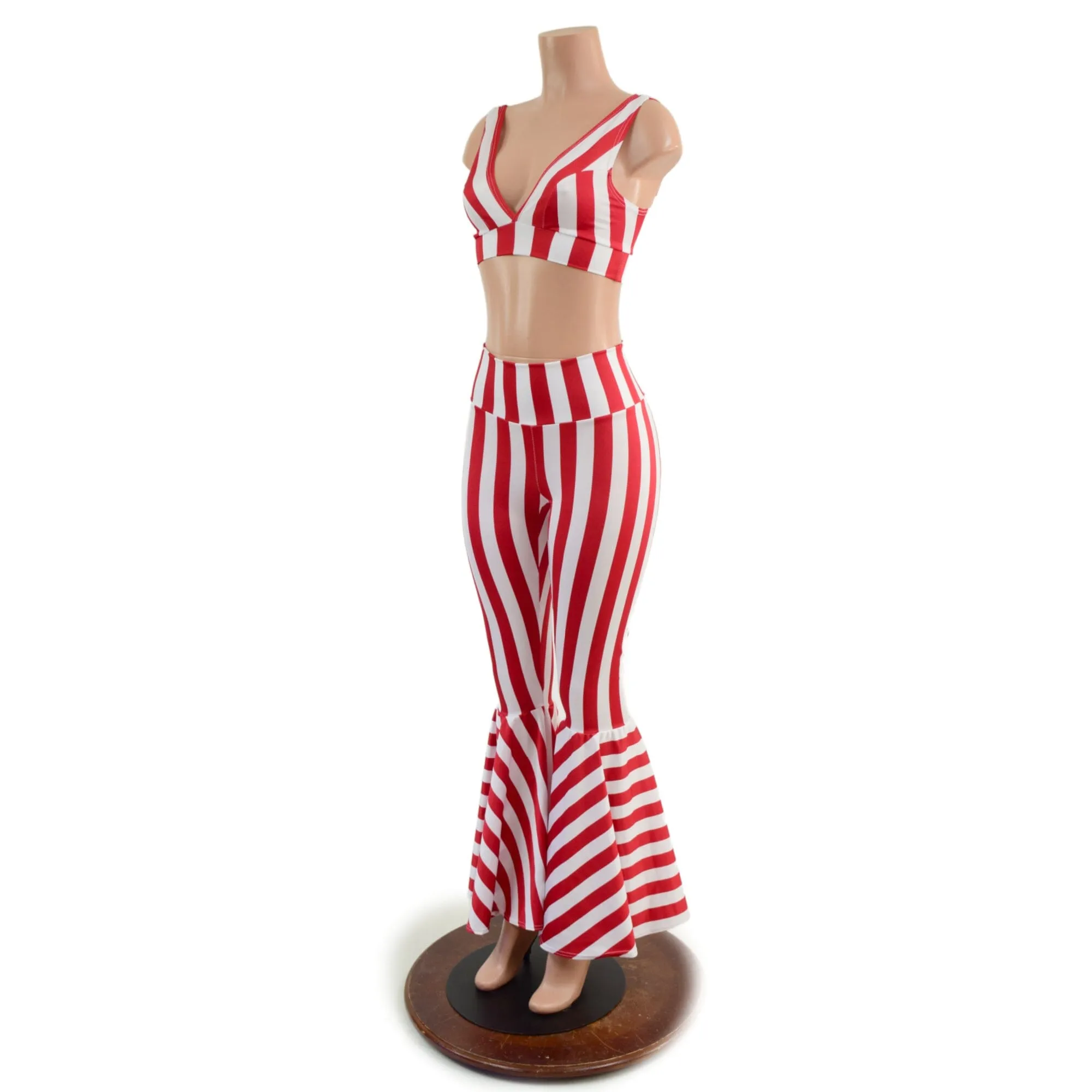 Red and White Striped High Waist Bell Bottom Flares and Starlette Bralette Set