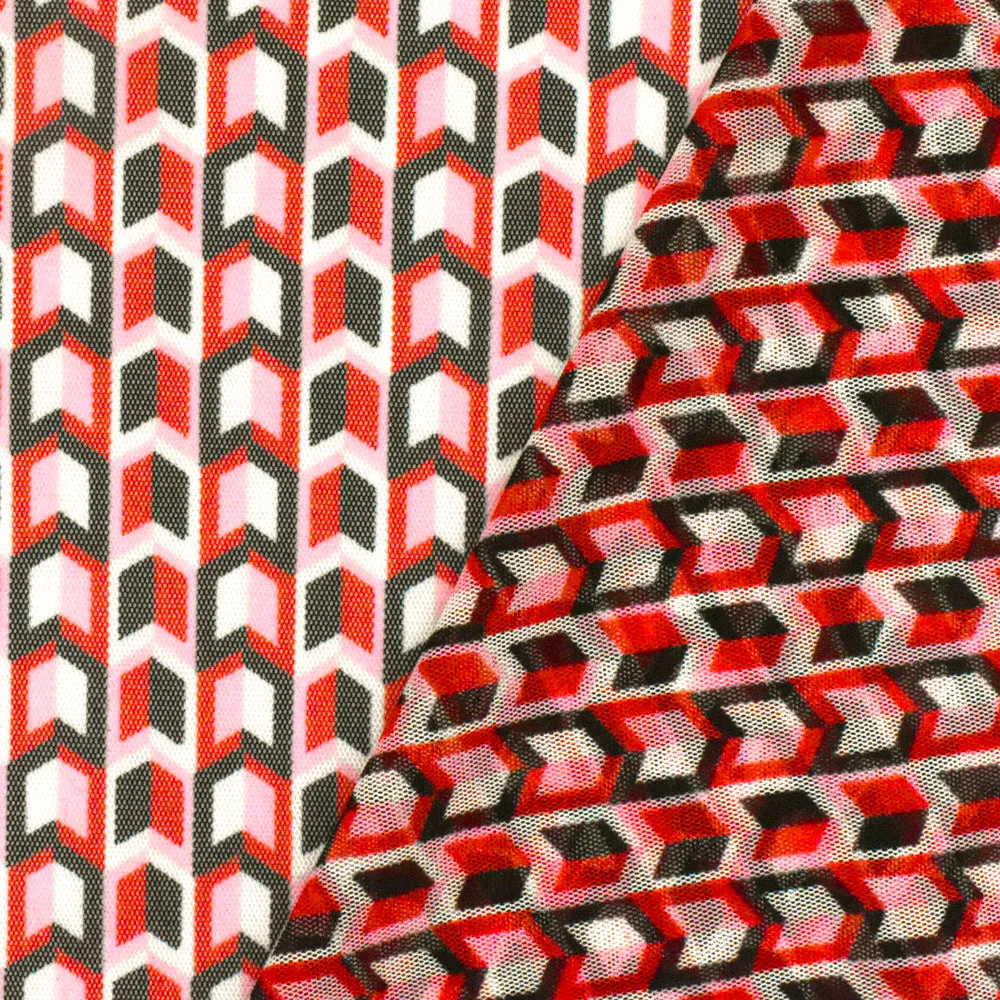 Red-Black-Multi Arrow Printed Stretch Polyester Mesh Knit Fabric
