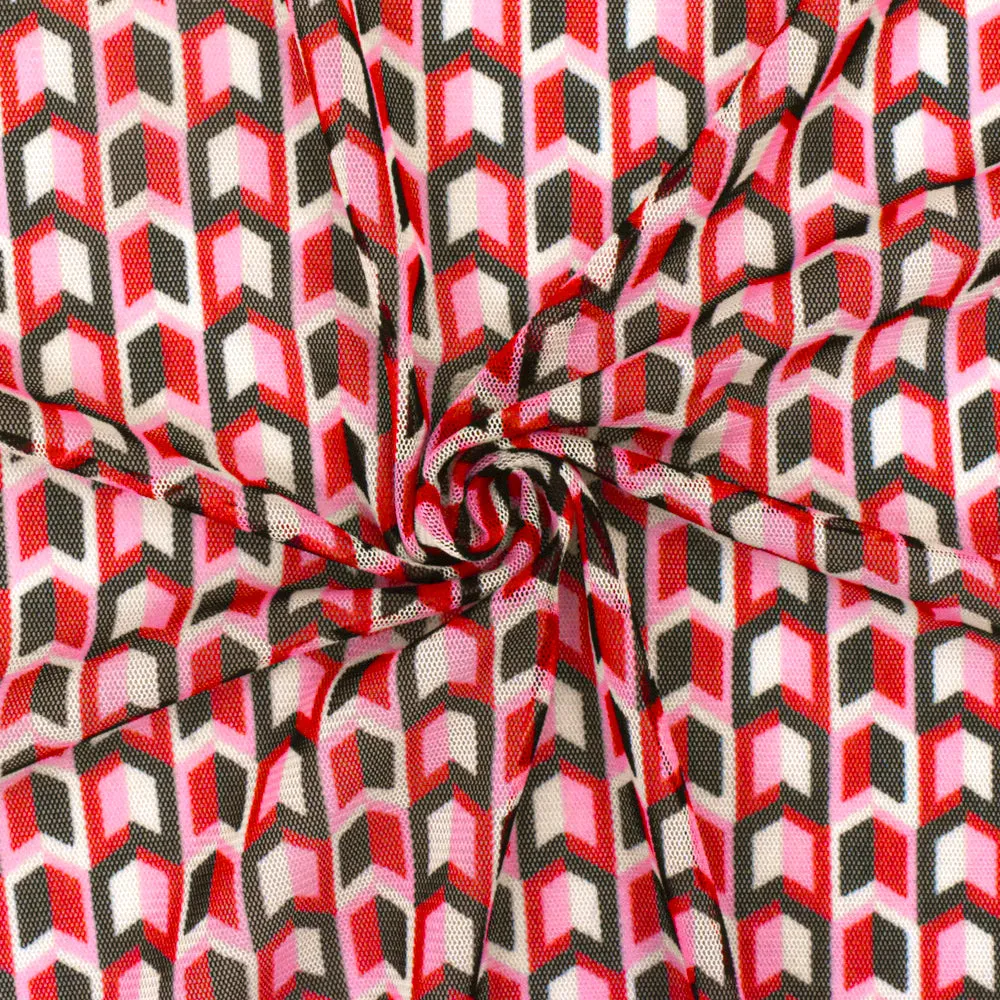Red-Black-Multi Arrow Printed Stretch Polyester Mesh Knit Fabric