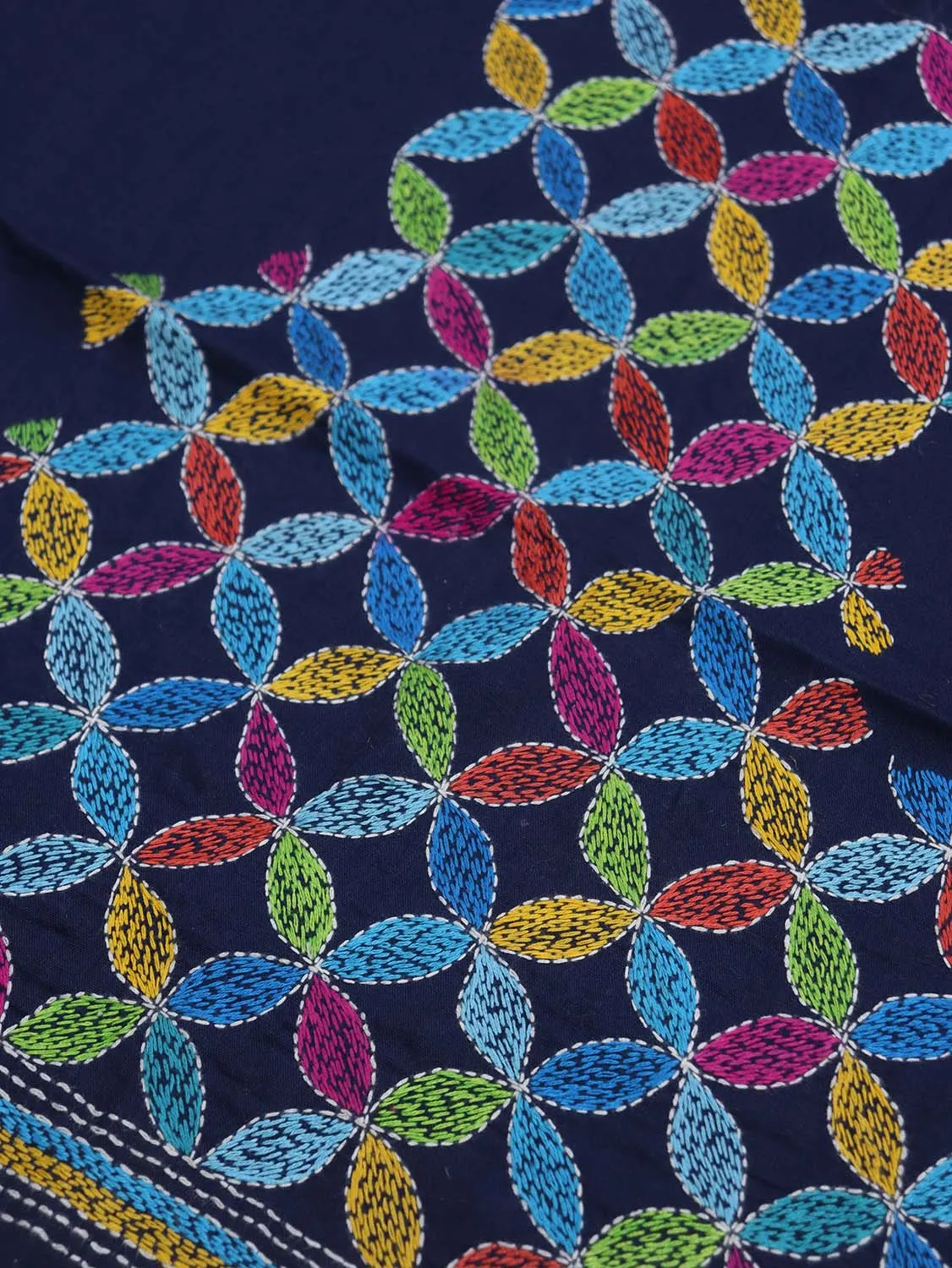 Shop Blue Embroidered Kantha Cotton Blouse Fabric - 1 Mtr Length