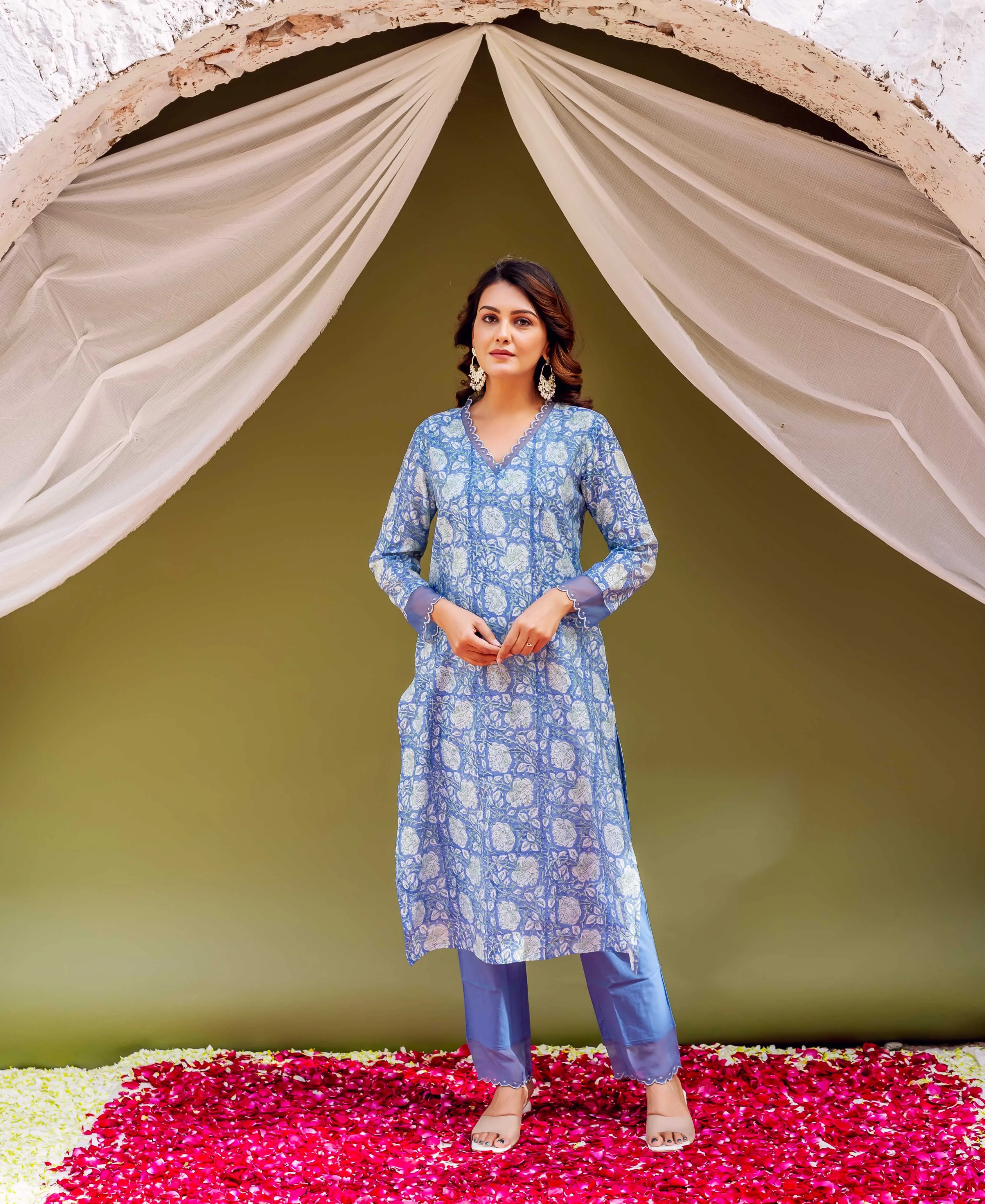 Sky Blossom Chanderi Block Printed Kurta