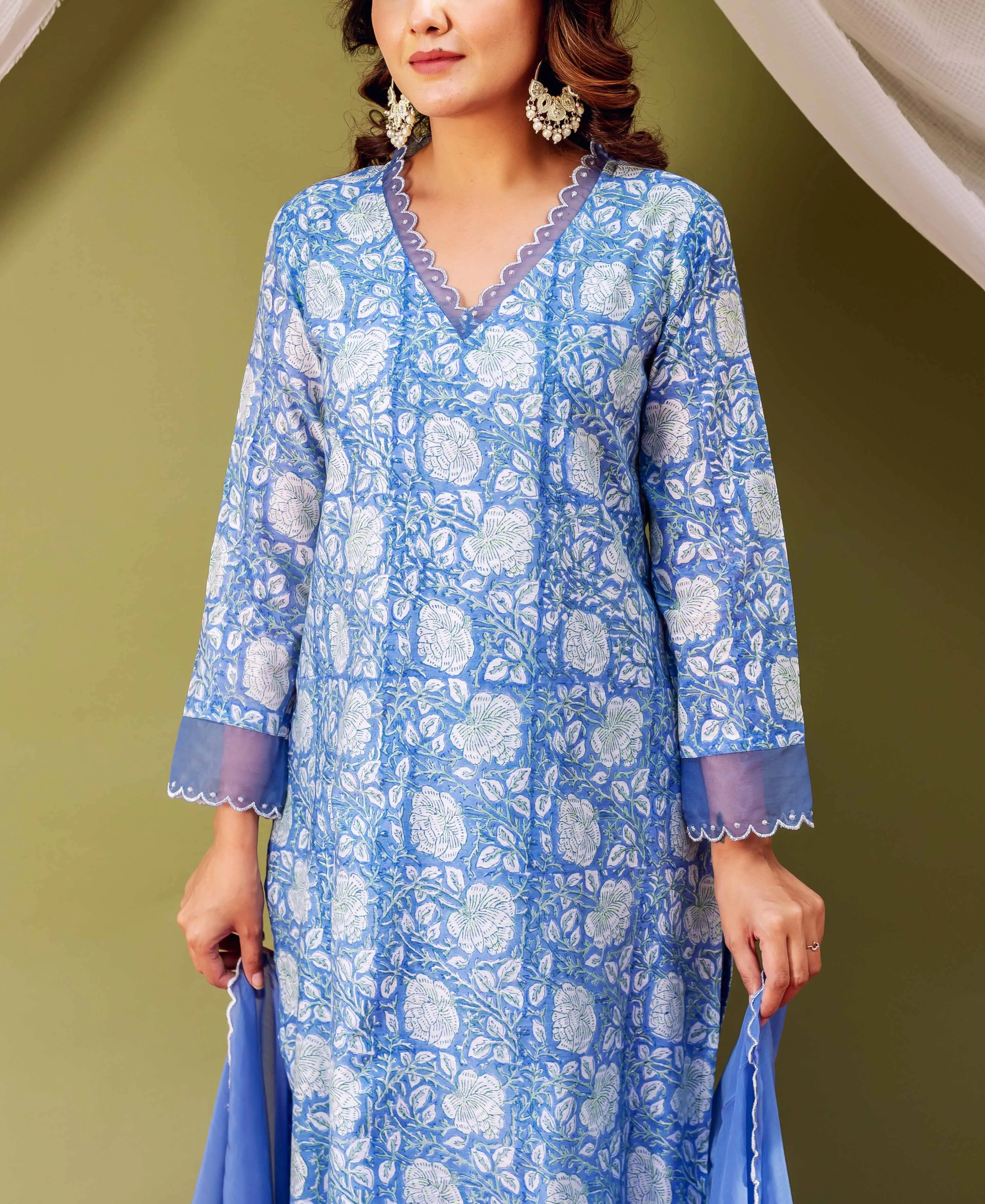 Sky Blossom Chanderi Block Printed Kurta