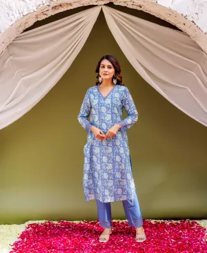 Sky Blossom Chanderi Block Printed Kurta