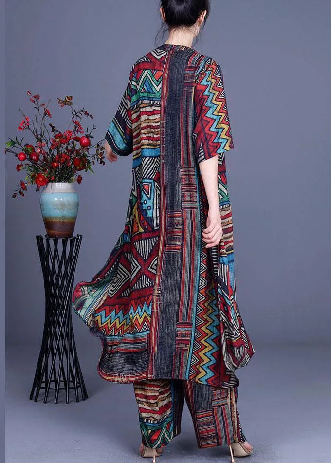 Stylish Geometric PrintSilk long shirts Wide Leg Two Piece Suit Set