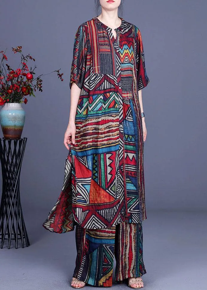 Stylish Geometric PrintSilk long shirts Wide Leg Two Piece Suit Set