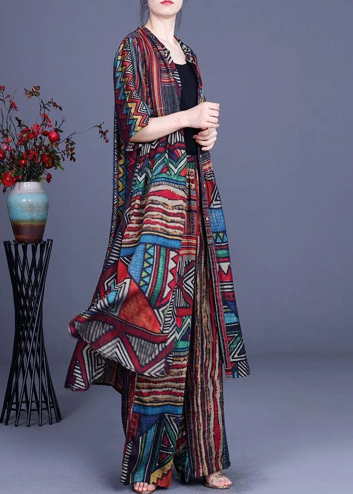 Stylish Geometric PrintSilk long shirts Wide Leg Two Piece Suit Set