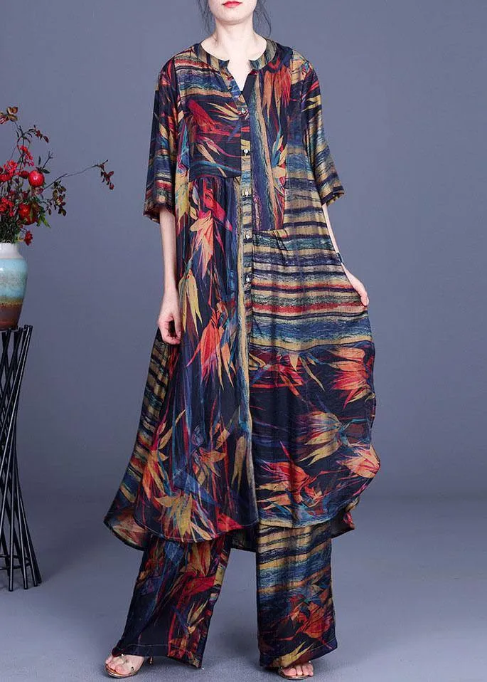 Stylish Geometric PrintSilk long shirts Wide Leg Two Piece Suit Set