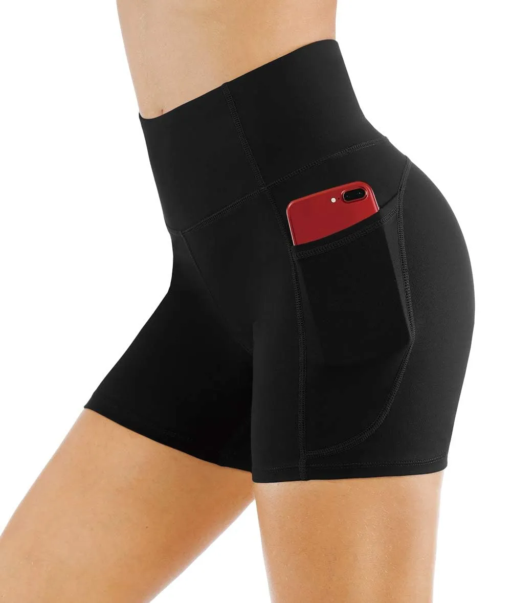 THE GYM PEOPLE High Waist Yoga Shorts for Women Tummy Control Fitness Athletic Workout Running Shorts with Deep Pockets (Small, Black)
