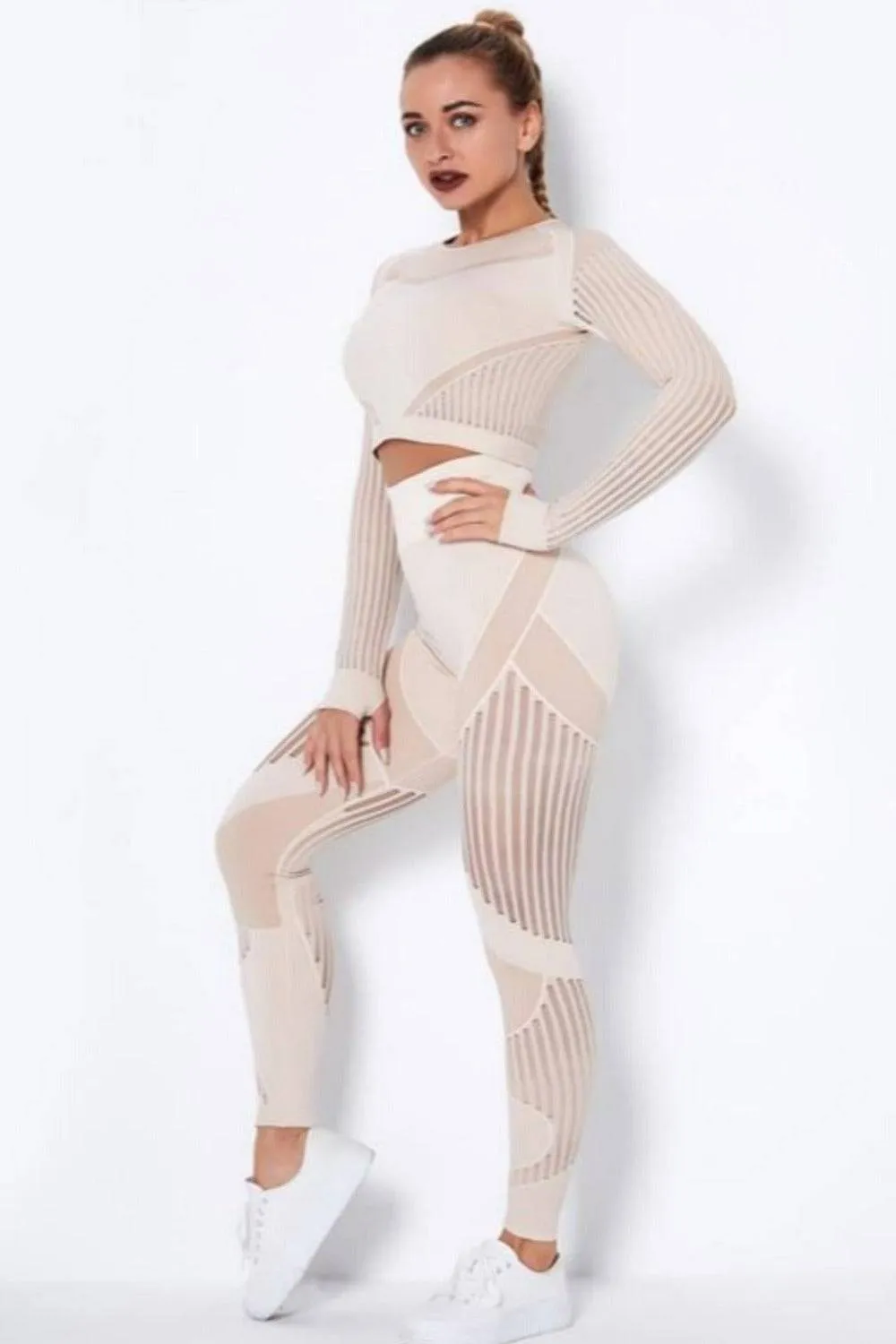 Tummy Control High Waist Seamless Leggings & Top 2 Piece Set - Off White