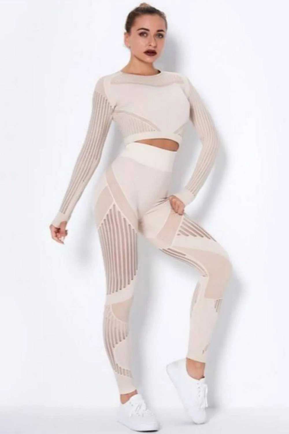 Tummy Control High Waist Seamless Leggings & Top 2 Piece Set - Off White