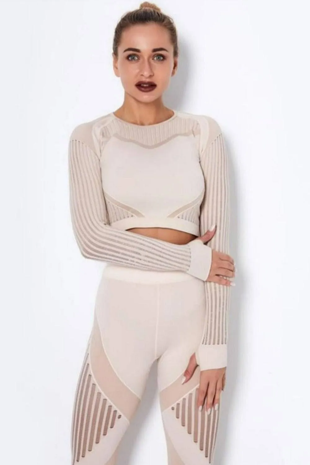 Tummy Control High Waist Seamless Leggings & Top 2 Piece Set - Off White