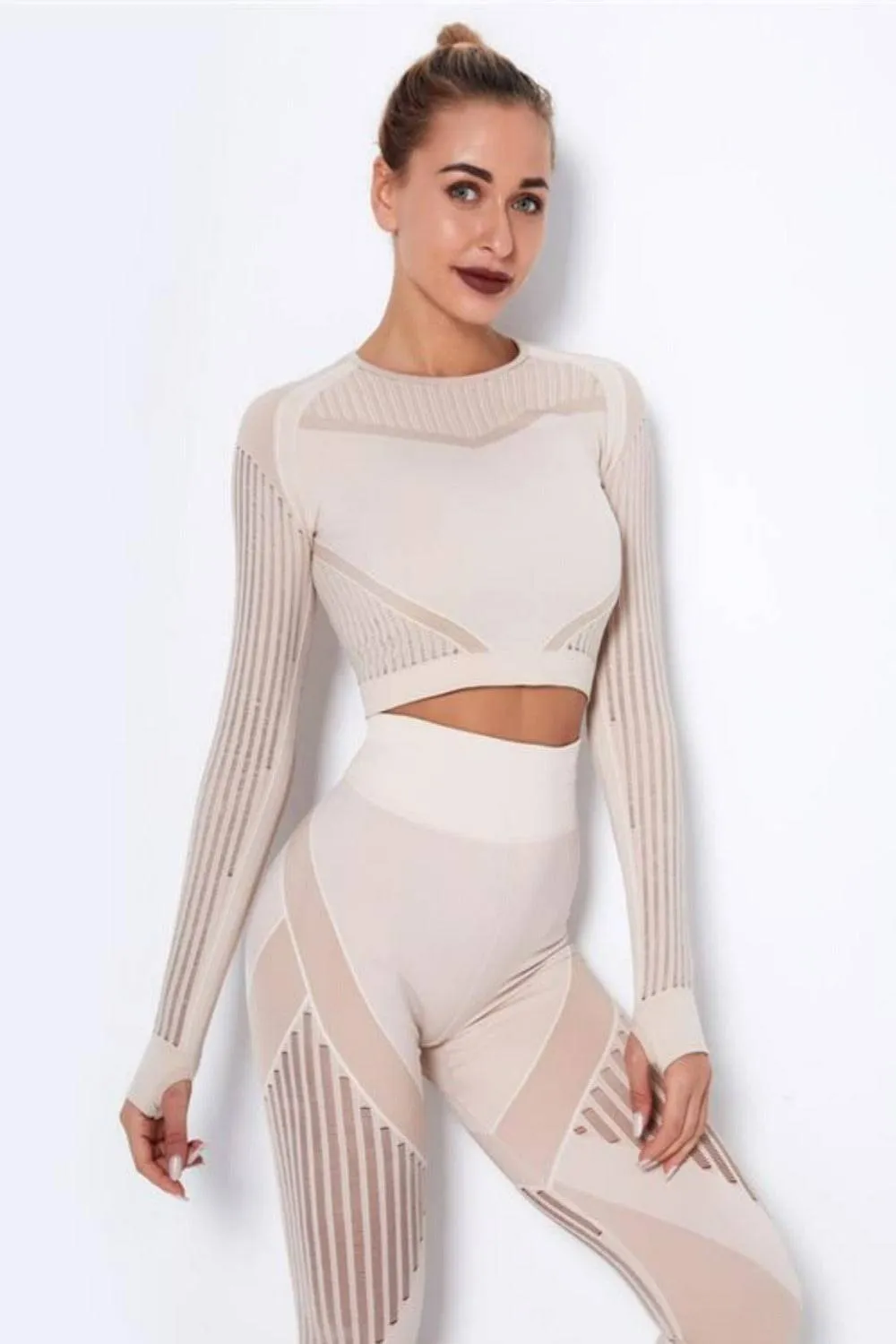 Tummy Control High Waist Seamless Leggings & Top 2 Piece Set - Off White