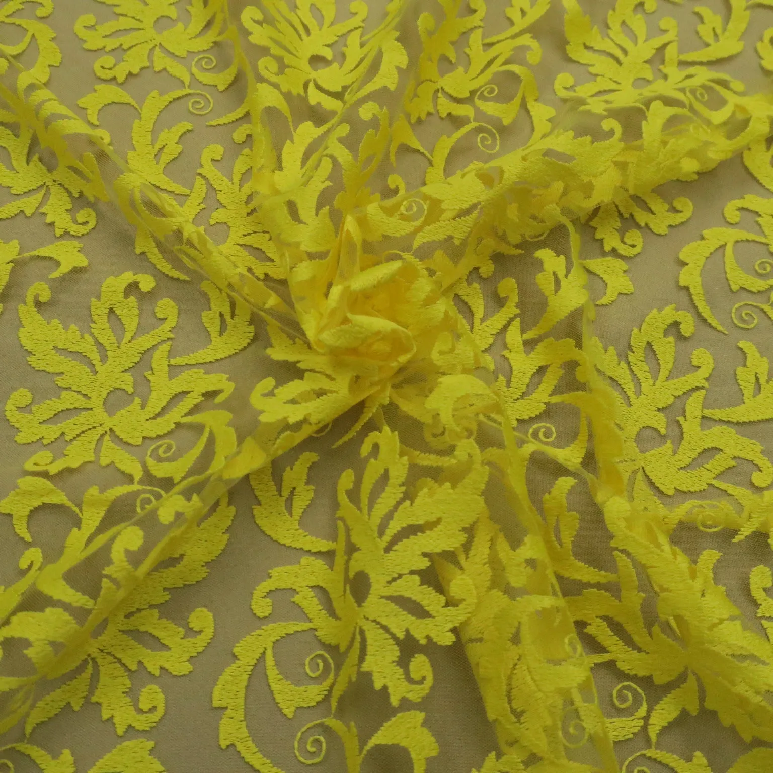 Yellow Tulle with Yellow  Floral Design Embroidered  Fabric